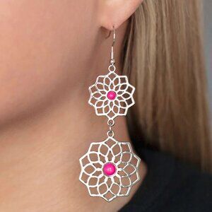 paparazzi -  Silver Filigree Drop Earrings with Hot Pink Accents